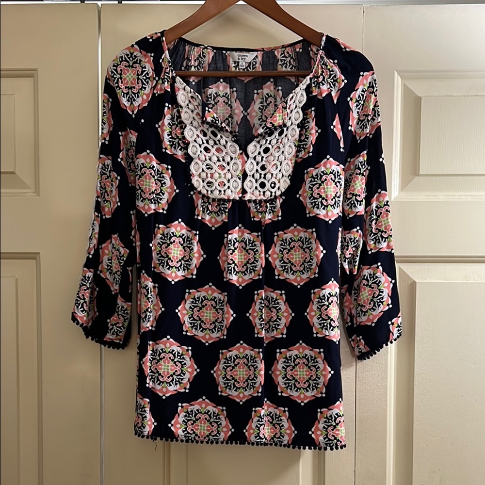 crown & ivy Navy Tunic with Pink and Green Medallions and lace placket Small